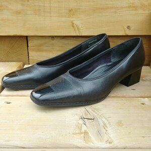 Naturalizer Paige 9.5 Black Square Toe Real Leather Low Chunky Heel Shoe